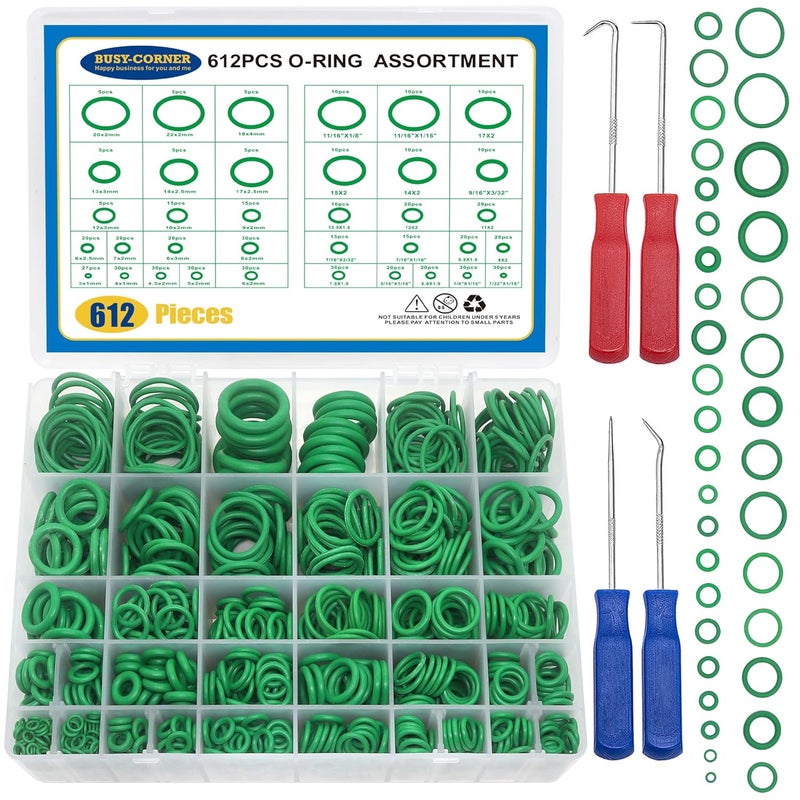 BUSY-CORNER 612 Pcs Automotive AC O Rings Kit, SAE& Metric Air Conditioning O Rings Assortment for Car A/C Compressor and Professional Plumbing Faucet Seal Repair with 4PCS O-Ring Picks - Image 1